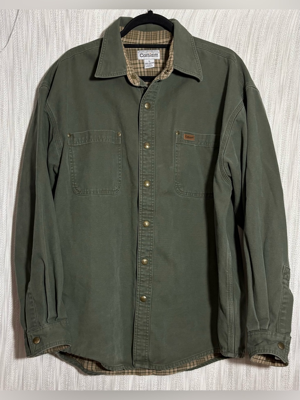 Vintage Carhartt S96 Moss Green Flannel Lined Canvas Shirt Jacket size L